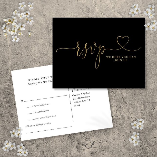 RSVP-Karte für Song-Song mit schwarzem und goldene Einladungspostkarte (Black And Gold Heart Script Song Request RSVP Card)