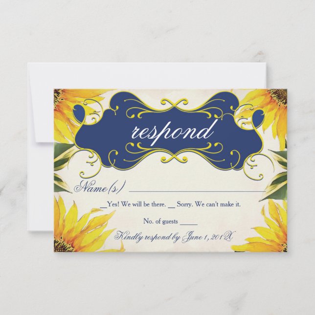 RSVP-Karte für Sonnenblumen - Gelb und Navy Blau RSVP Karte (Vorderseite)