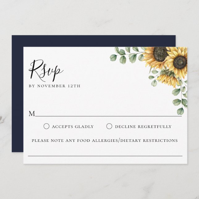 RSVP-Karte für Sonnenblumen-Hochzeitsstichkost Einladung (Vorne/Hinten)