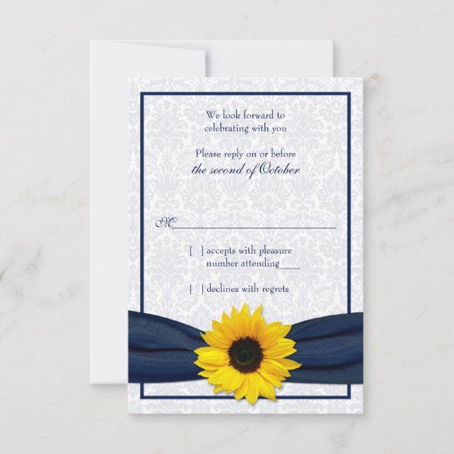 RSVP-Karte für Sonnenblumen-Navy-Damask-Blumenblum RSVP Karte (Vorderseite)