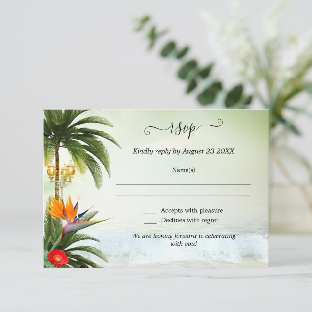 RSVP-Karte für tropische Hochzeiten in Urlaubsort Einladung (Stehend Vorderseite)