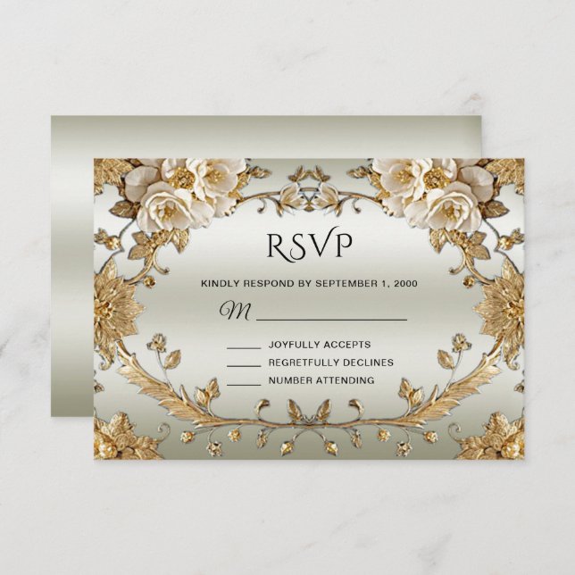 RSVP-Karte für Verzierte, goldene Blume RSVP Karte (Vorne/Hinten)