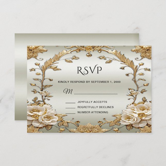 RSVP-Karte für Verzierte, goldene Blume RSVP Karte (Vorne/Hinten)
