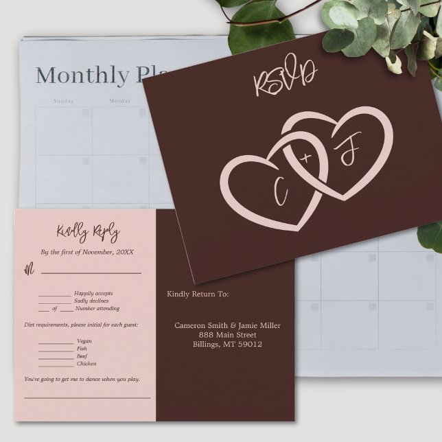 RSVP-Karte für zwei Herz-Hochzeitmenü Postkarte (Two Hearts Wedding Menu Music Choice RSVP Card)