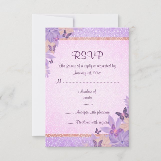 RSVP-Karte lila/Schmetterling und Damask drücken RSVP Karte (Vorderseite)