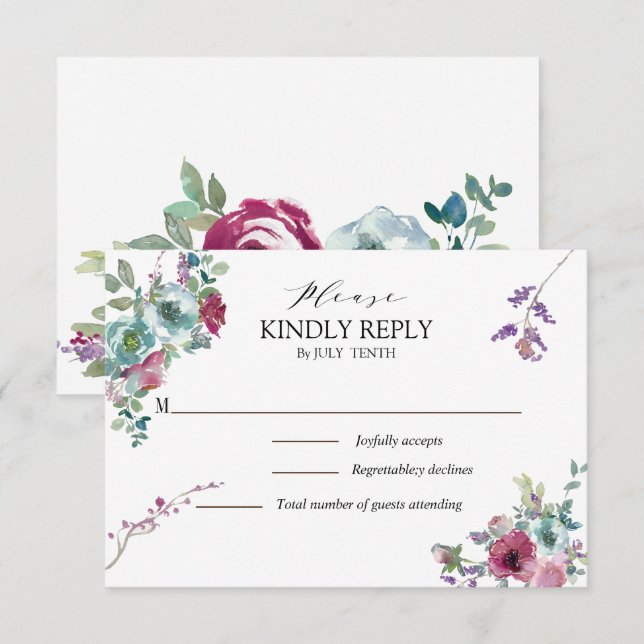 RSVP-Karte Minze und Mauve Aquarellblume RSVP Karte (Vorne/Hinten)