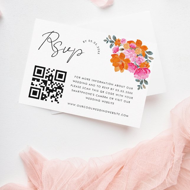 RSVP-Karte mit rosa und orangefarbenem QR-Code Begleitkarte (Von Creator hochgeladen)