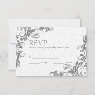 RSVP-Karte mit weißer Damaske und grauer Spitze RSVP Karte