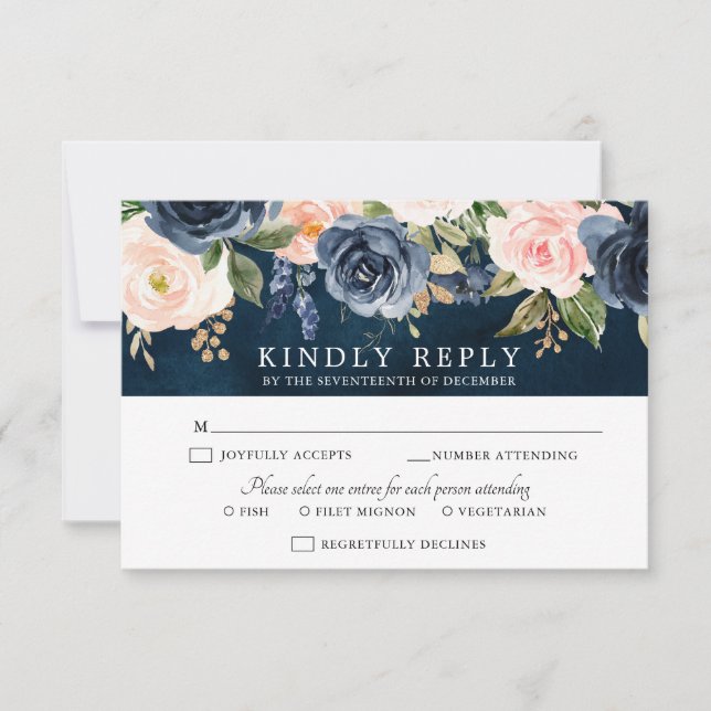 RSVP-Karte Navy Blue Blush Pink Rose Boho Wedding RSVP Karte (Vorderseite)