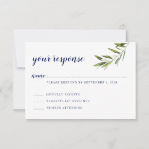 RSVP-Karte Olive Branch mit Navy-Schriftzug Ankündigung