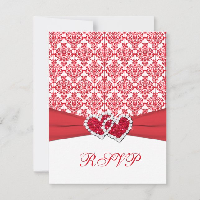RSVP-Karte "Red & White Damask & Hearys" Einladung (Vorderseite)
