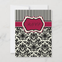 RSVP-Karte schwarz, Elfenbeinkarton, rot gestreift