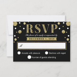 RSVP-Karte Schwarz-weiß und Gold Glitzer Confetti RSVP Karte