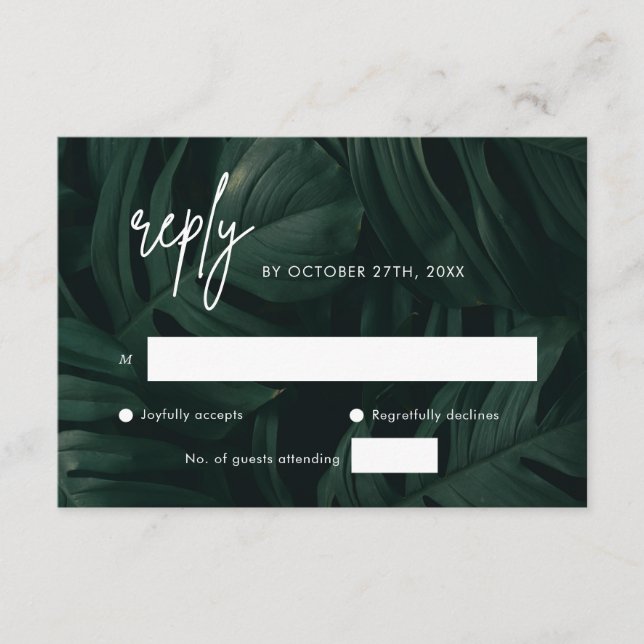 RSVP-Karten der tropischen Hochzeit in Urlaubsort Begleitkarte (Vorderseite)