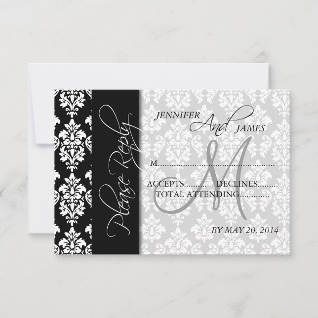 RSVP-Karten für Hochzeiten Schwarzer Damask 2 Mono RSVP Karte (Vorderseite)