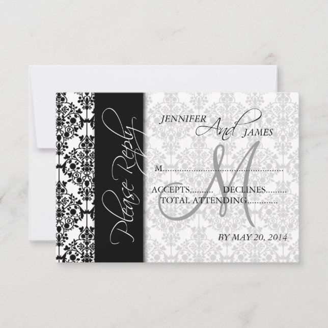 RSVP-Karten für Hochzeiten Schwarzer Damask 5 Mono RSVP Karte (Vorderseite)