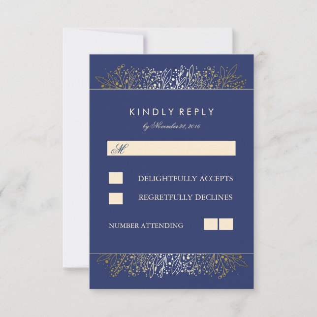 RSVP-Karten für Hochzeiten von Gold Gipskraut Navy RSVP Karte (Vorderseite)