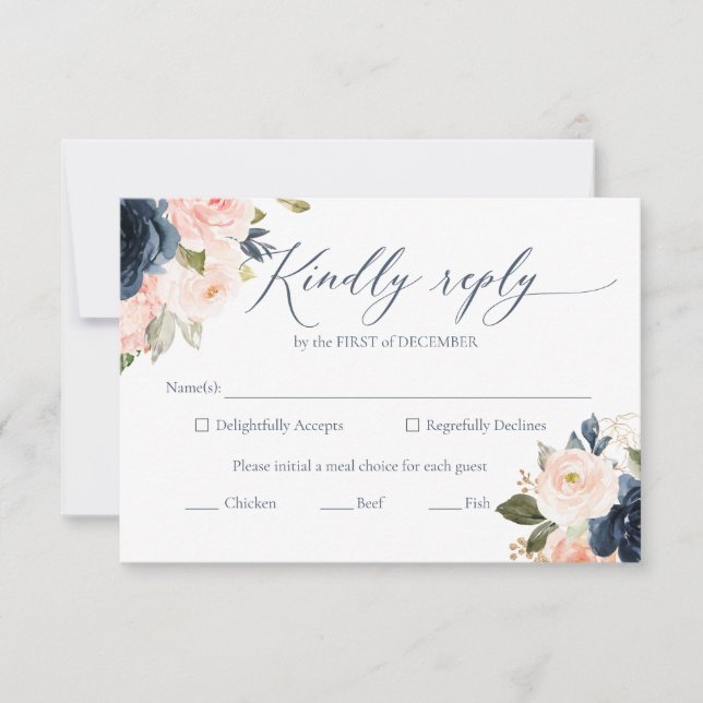 RSVP-Karten für Hochzeiten von Navy Blue und Blush RSVP Karte (Vorderseite)