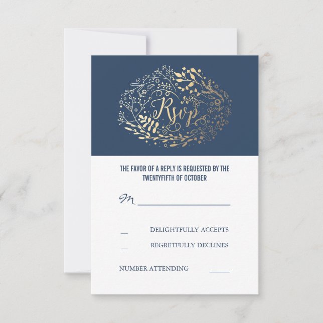 RSVP-Karten für Hochzeiten von Navy und Gold Flora RSVP Karte (Vorderseite)