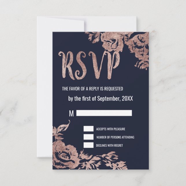 RSVP-Karten für Navy Blue und Rose RSVP Karte (Vorderseite)