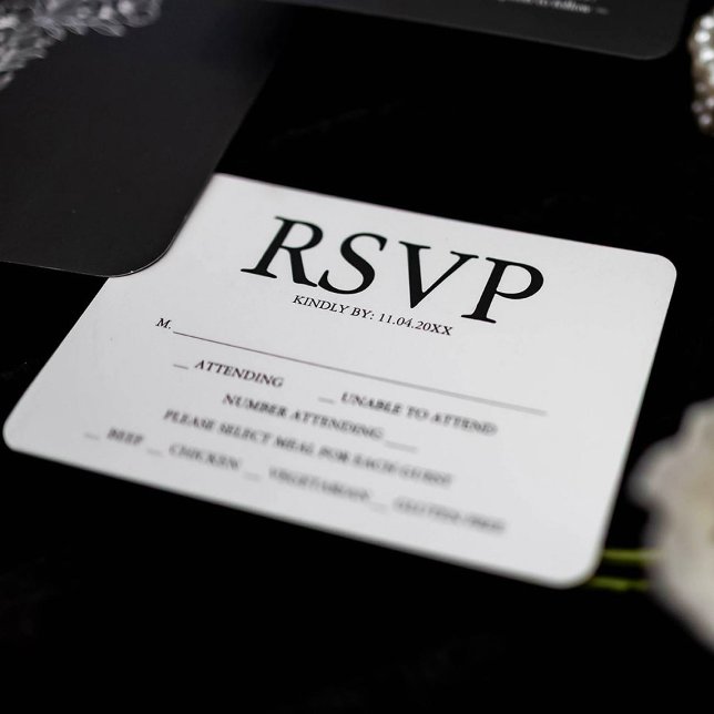 RSVP-Karten für Schwarz-Weiß-Hochzeiten RSVP Karte (Black and white wedding invitations features rsvp card by Do Tell A Belle)