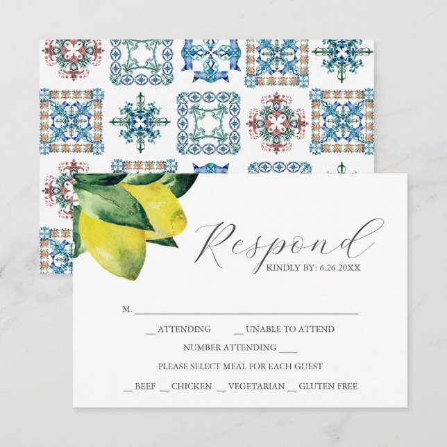 RSVP Karten mit Essensauswahl Lemon Amalfi Tile (Vorne/Hinten)