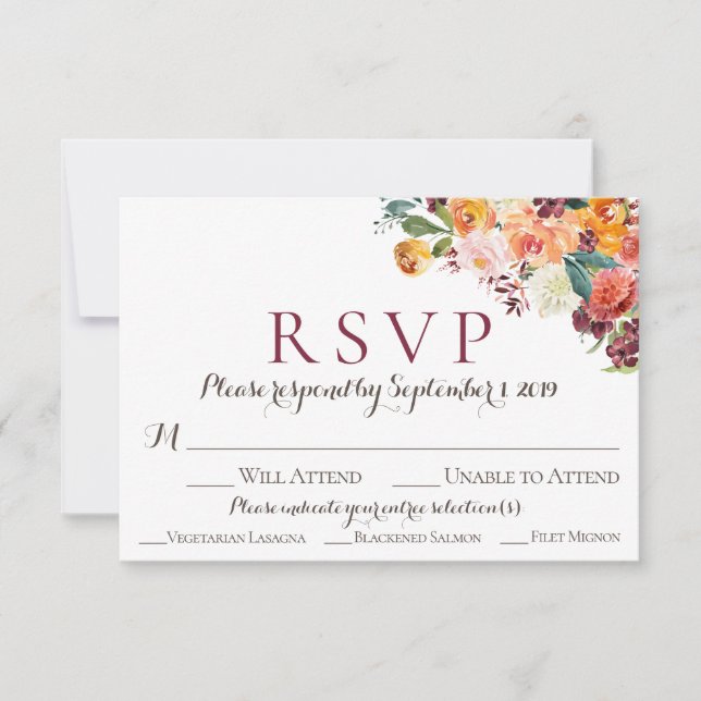 RSVP-Karten mit Mahl-Option für Blumenzehen fallen RSVP Karte (Vorderseite)