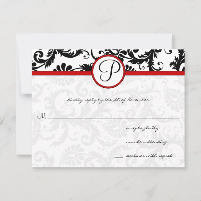 RSVP-Karten mit Schwarz-weißem Damask-Floral-Swirl RSVP Karte (Vorderseite)