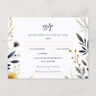 RSVP-KARTEN Navy Blue Yellow Gold Floral Postkarte