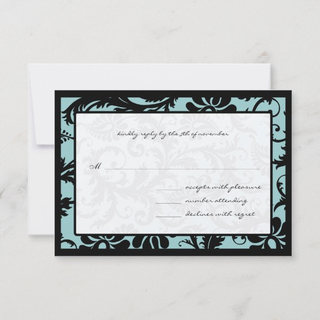 RSVP Karten - Schwarz & Aqua Blue Damask (Rückseite)