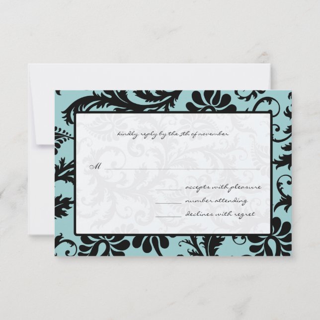 RSVP Karten Schwarz & Weiß Damask Aqua Blau (Rückseite)