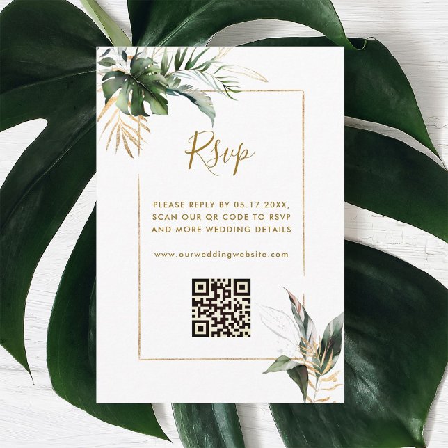 RSVP mit QR-Code für tropische Foliage Gold Begleitkarte (Von Creator hochgeladen)