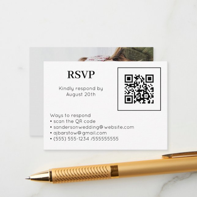 RSVP Online QR Code Foto Hochzeitsszenario Weiß Begleitkarte (Vorderseite/Rückseite Beispiel)