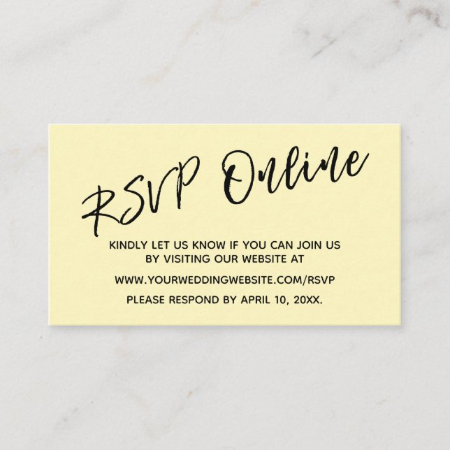 RSVP Online Simple Light Yellow Card Hochzeitsszen Begleitkarte (Vorderseite)