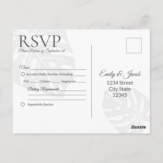 RSVP Postcard Hochzeit, Tropischer Strand aus Palm Postkarte (Rückseite)