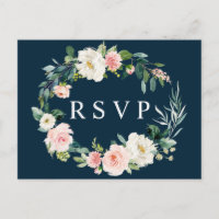 RSVP Postcard "Navy Blush Floral Wreath Wedding"