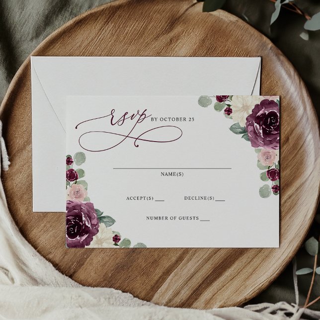 RSVP POSTKARTE (Elegant Modern Botanical Plum Floral Wedding RSVP Card)