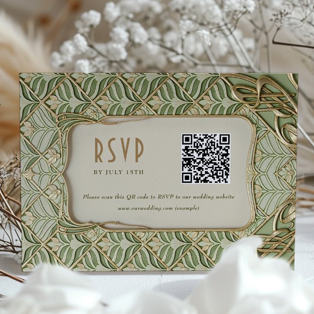 RSVP QR Card für grüne und goldene Blumenzehen Einladung (Von Creator hochgeladen)