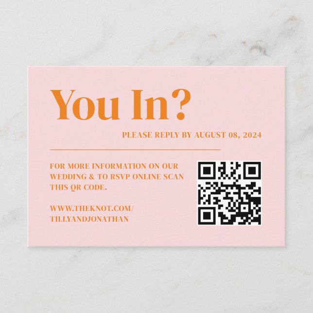 RSVP QR-Code für Retro Pink und Orange Wedding Begleitkarte (Vorderseite)