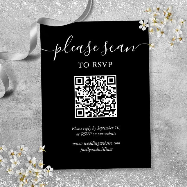 RSVP QR-Code für Schwarz-Weiß-Skripte Begleitkarte (Black And White Script Wedding RSVP QR Code Enclosure Card)