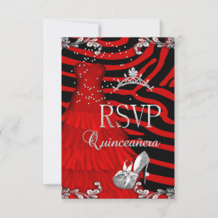 RSVP Quinceanera 15. Zebrarotes Kleid Schuh Einladung