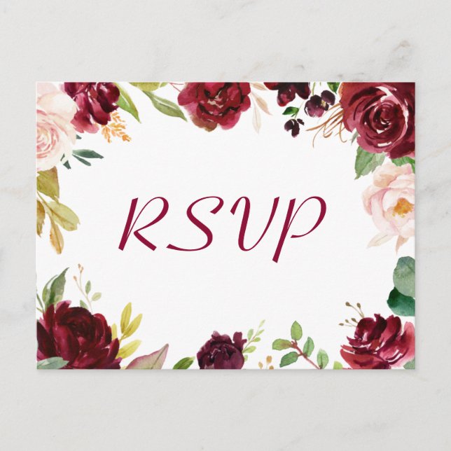 RSVP-Reaktion auf Burgund Blush Chic Floral Weddin Postkarte (Vorderseite)