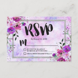 RSVP-Reaktion auf lila Blumen- und Silber-Rahmen-H RSVP Karte