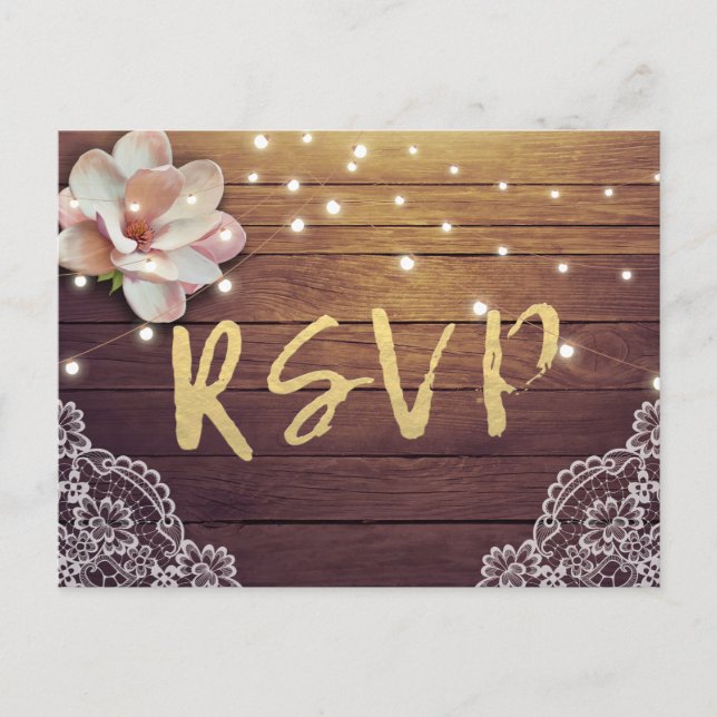 RSVP Reply Rustic Wood Floral String Light Einladungspostkarte (Vorderseite)