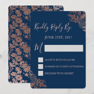 RSVP - Roségold-Rosa und Marineblau-Blumen Einladung