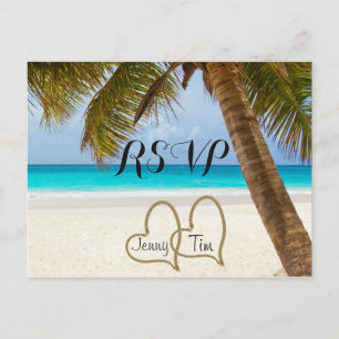 RSVP Strand Liebe Herzen Brautpalme Sand Surf Datu Einladungspostkarte