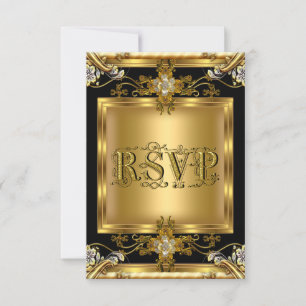 RSVP-Verlobung Elegant Gold Blumen-Juwel Schwarz 2 RSVP Karte