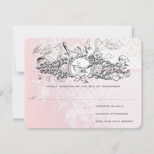 RSVP (Vintag Bird Pink Musical Scroll Wedding) (Vorderseite)