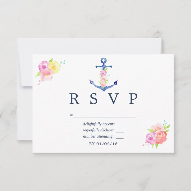 RSVP (Watercolor Nautical Themed Floral Wedding) Karte (Vorderseite)