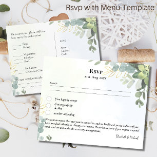 RSVP with Menu Template Rustic Eucalyptus Leaves Postkarte